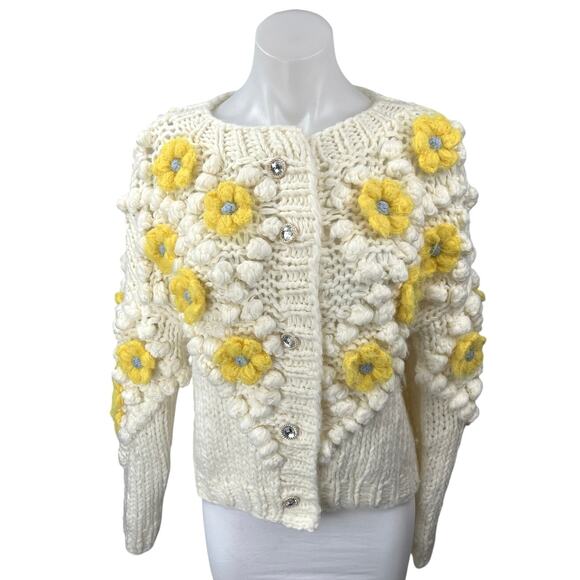 Chicwish Cream Yellow Crochet Floral Flower 3D Button Up Cardigan Sweater Sz S - Picture 1 of 6